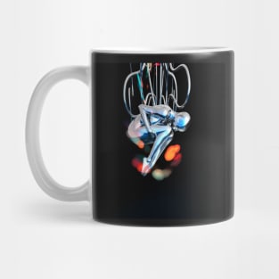 Female Android Robot suspended on wires. Mug